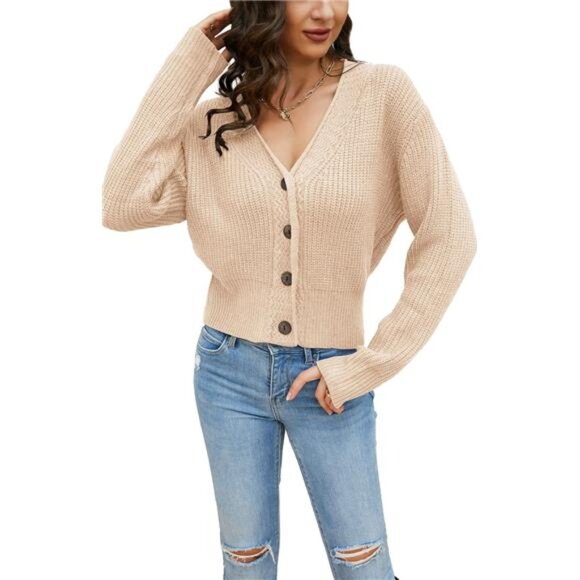 Women's Long Sleeve V-Neck Button Down Rib Knit Cropped Cardigan Sweater - Picture 3 of 6